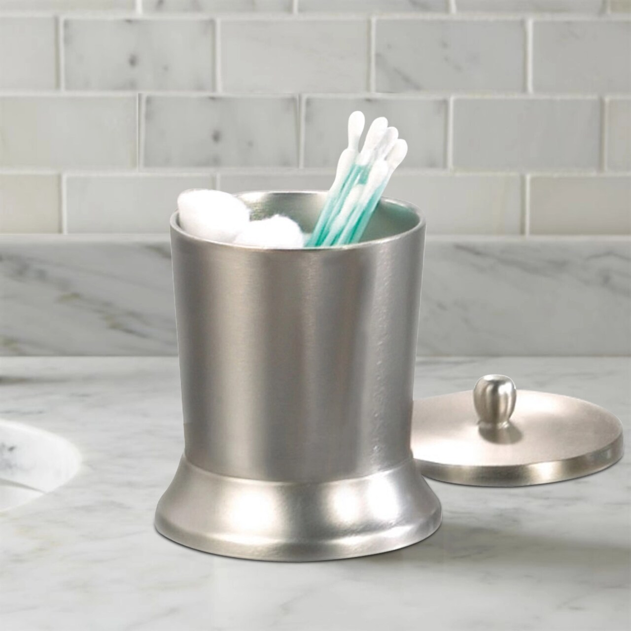 Stainless Steel Vanity Jar | Stylish Storage for Cotton Swabs,Sponges & Bath Salts | Decorative Canister for Bathroom,Bedroom | Brushed Pewter Finish